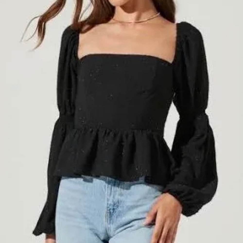 ASTR the Label Black Chiffon Shimmer Square Neck Puff Marie Sleeve Top‎ Size S